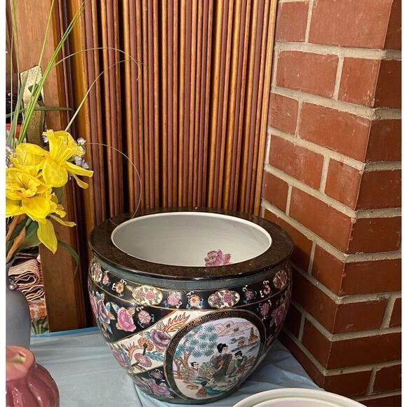 VintageMandarin Family Porcelain Fishbowl Planter Chinese Vase Hand Painted - Picture 2 of 12